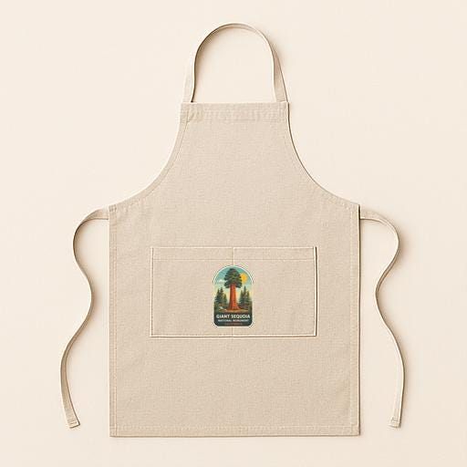 A beige apricot with a small graphic of a tree and mountains on the front pocket.