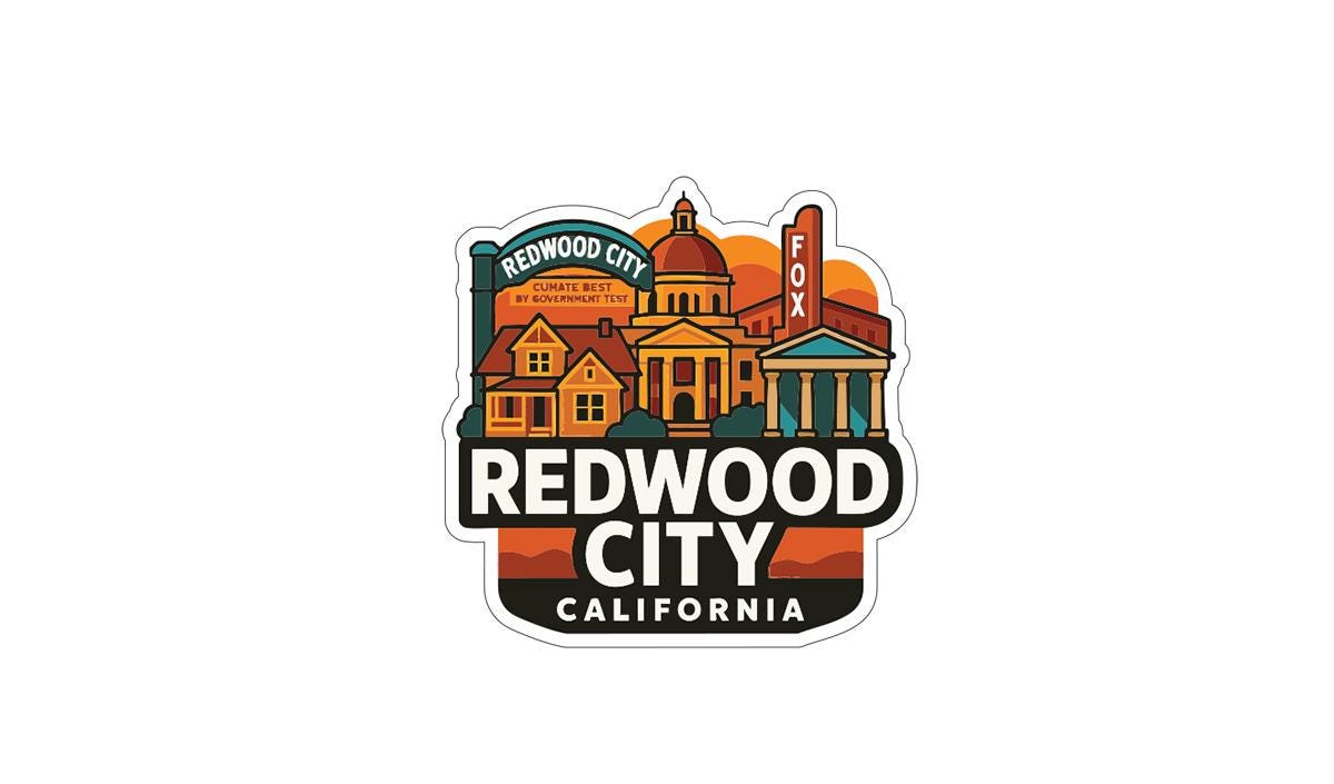 The image is a sticker or logo featuring the city of Redwood City, California.