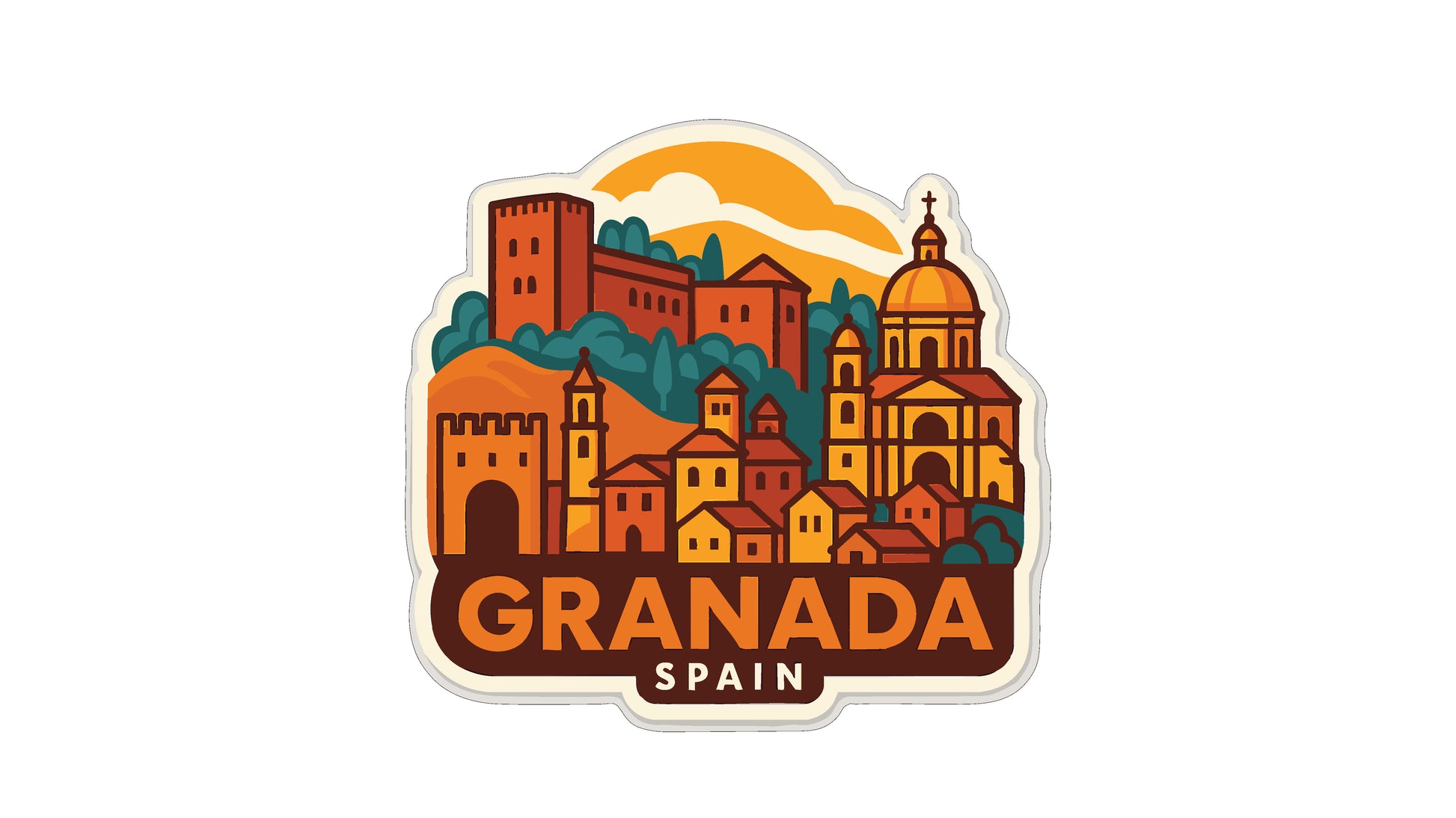 a stylized illustration of the city of Granada, Spain, with various buildings and landmarks depicted in a vibrant, colorful style.