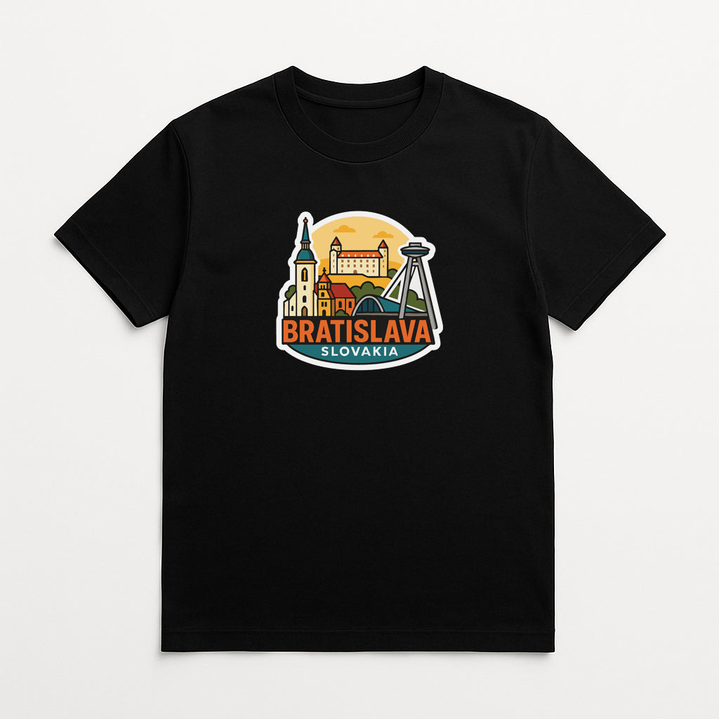 A black t-shirt with a graphic design depicting the city of Bratislava, Slovakia.