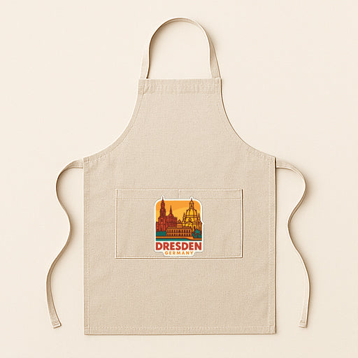 A beige apricot with a graphic of Dresden, Germany, printed on it.