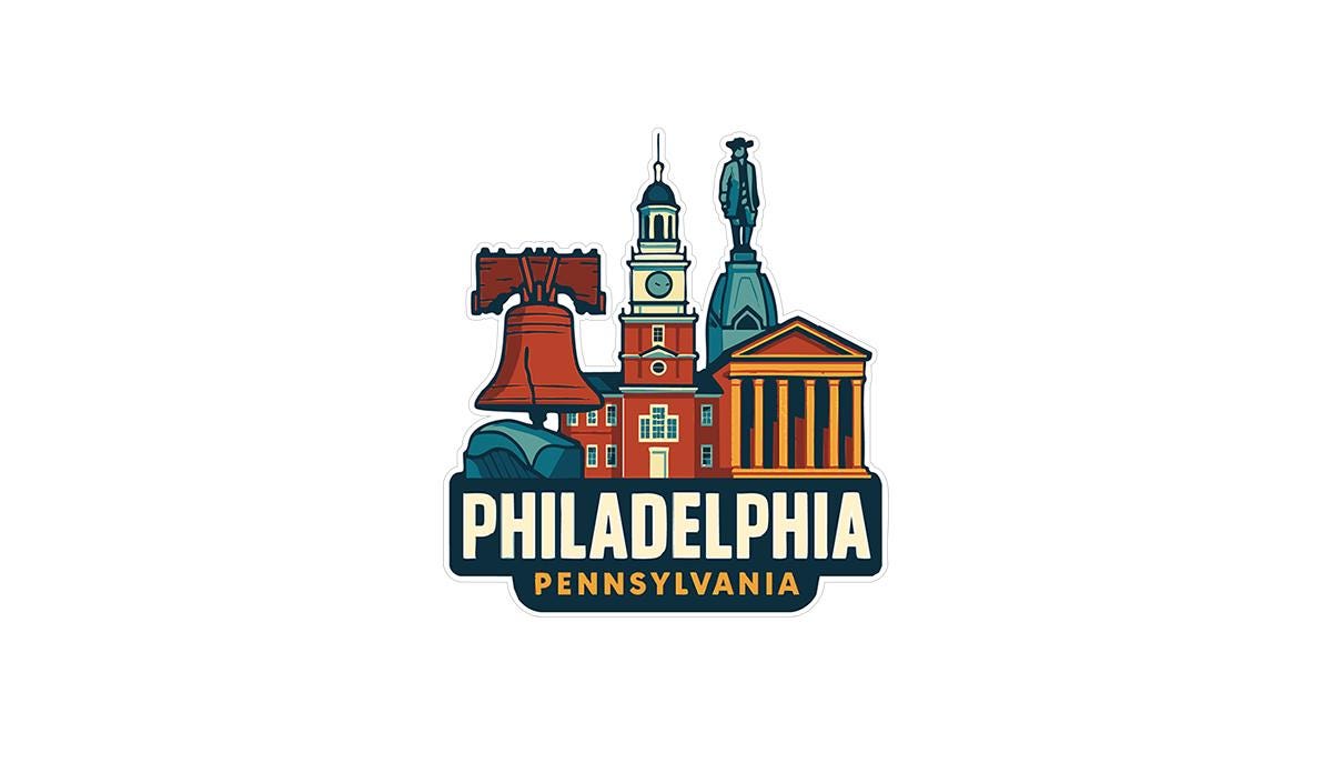 the logo for philadelphia pennsylvania with a bell tower in the background