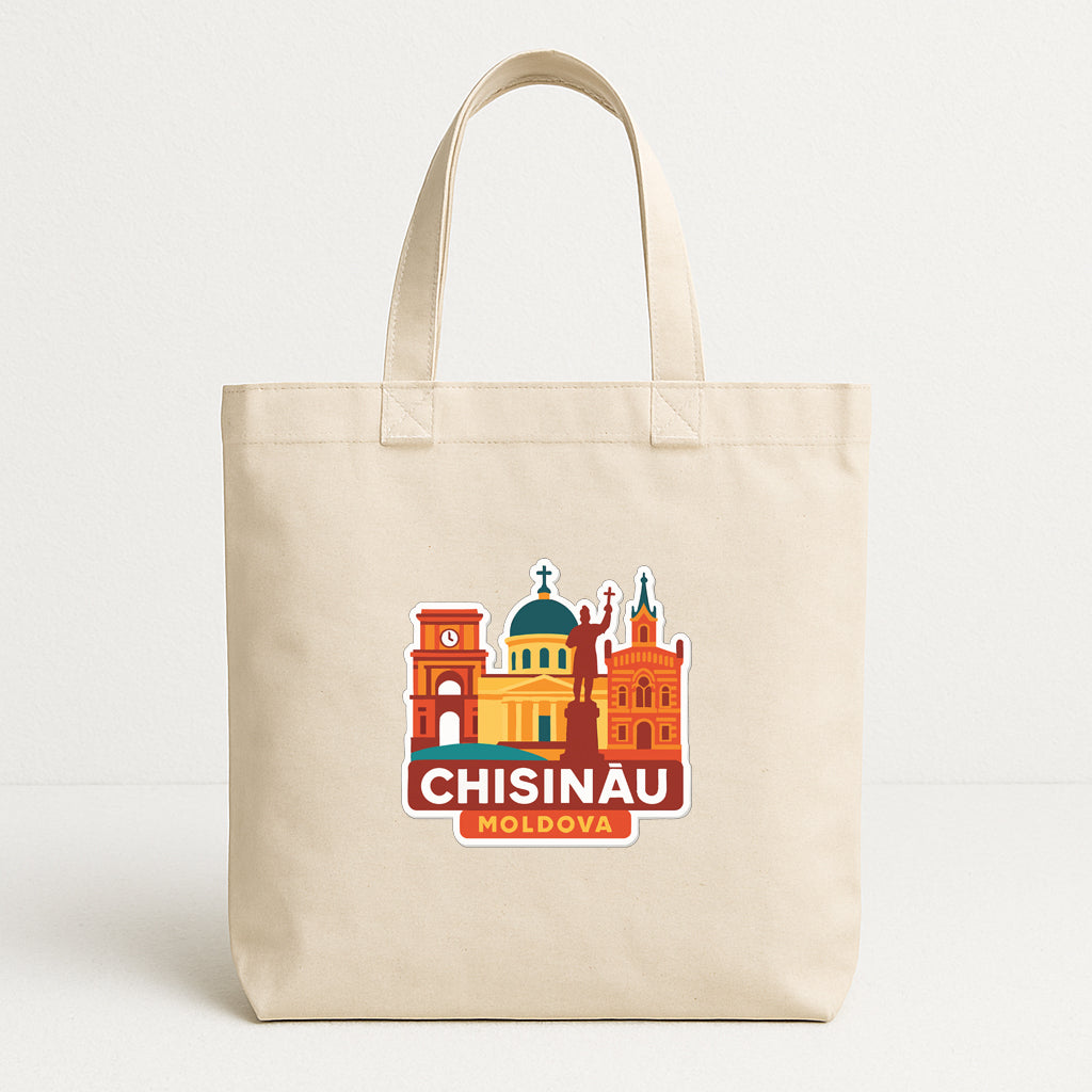 A beige tote bag with a printed design of the city of Chisinau, Moldova.