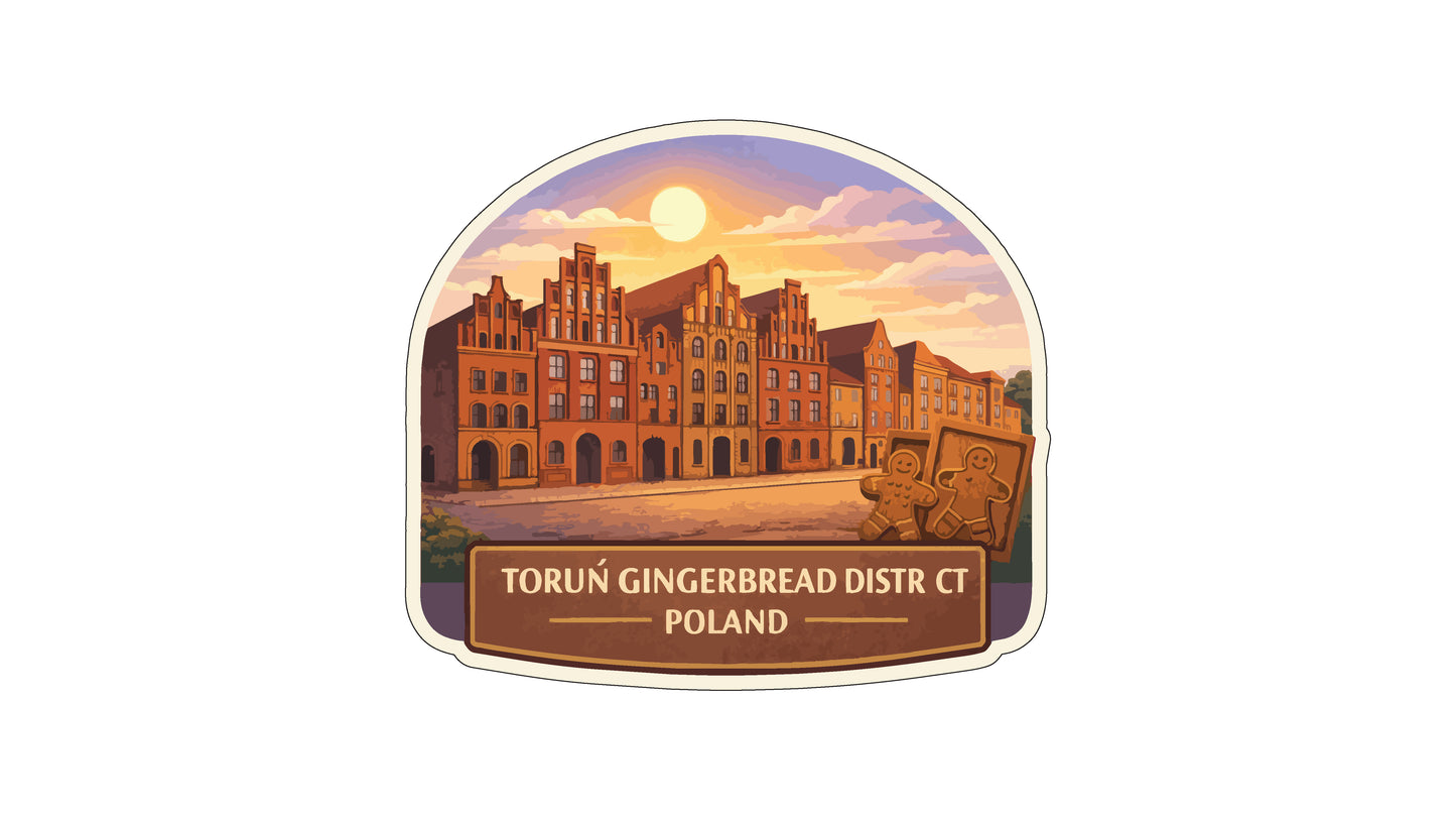a sticker or label with a vintage-style illustration of a cityscape with buildings and a gingerbread man, set against a sunset sky.