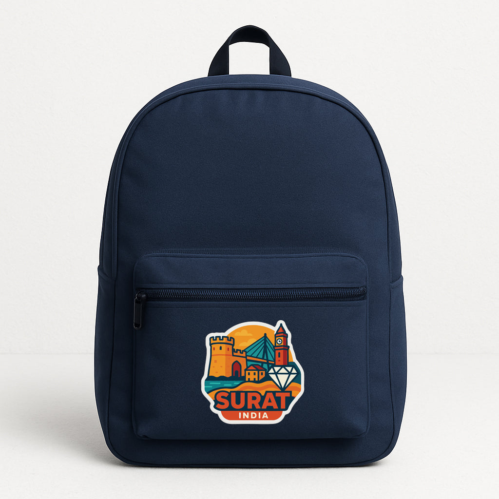 A navy blue backpack with a graphic of a city skyline and the text "SURAT INDIA" printed on it.