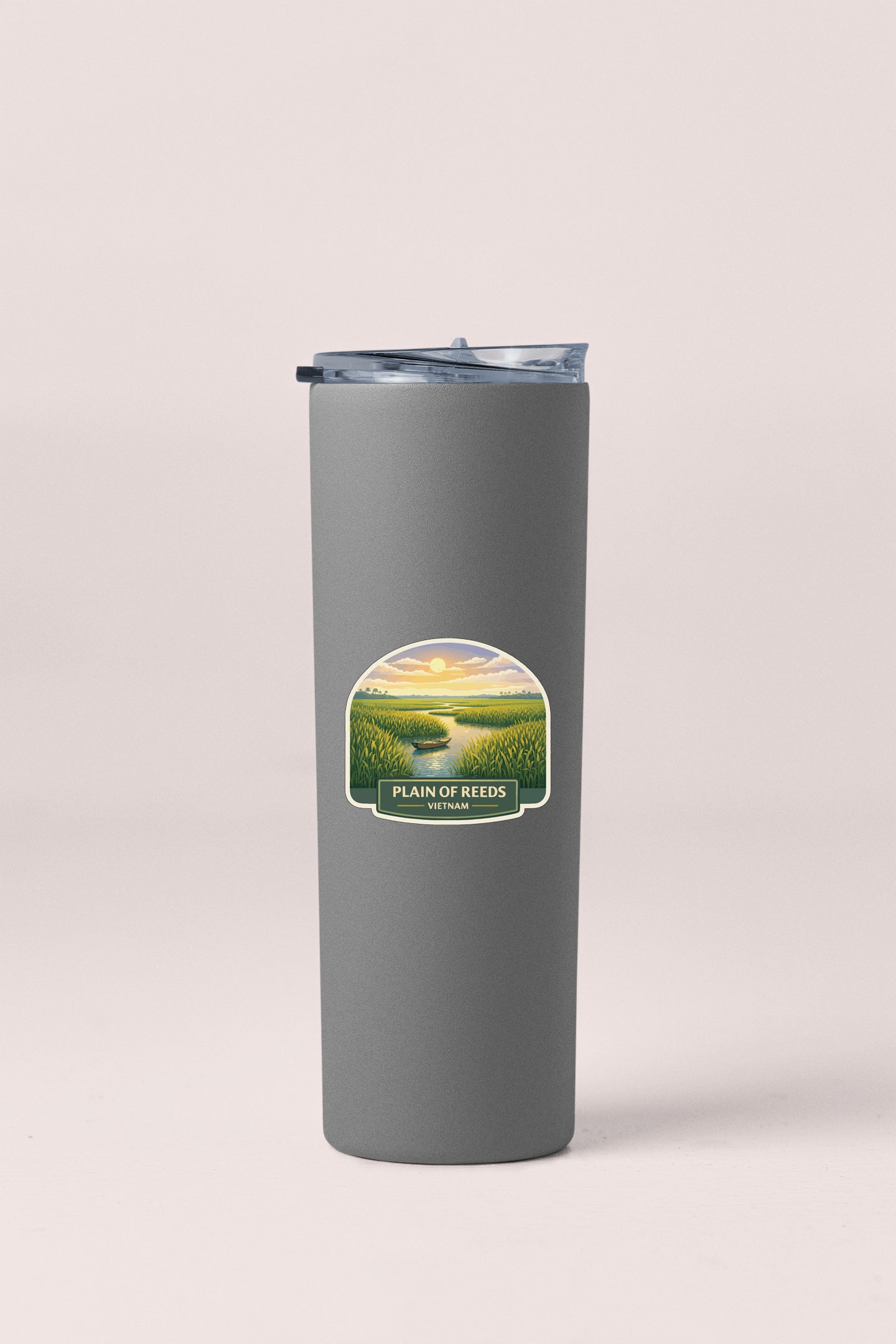 A gray insulated tumbler with a label that says "Plain of Reeds Vietnam".