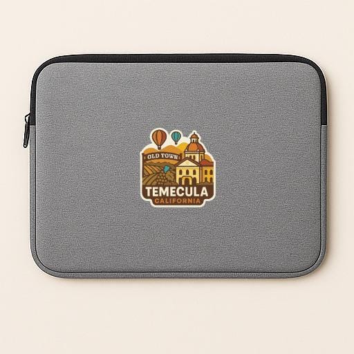 A gray laptop sleeve with a graphic design featuring a cityscape and the text "Old Town TEMECULA, CALIFORNIA".