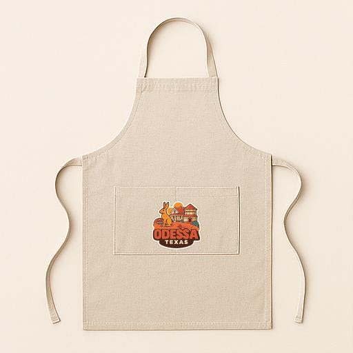 A beige apricot with a graphic of Odessa, Texas, printed on it.