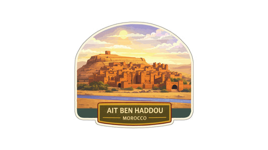 a desert town with a large hill in the background, and the text "AIT BEN HADDOU MOROCCO" is displayed below the illustration.