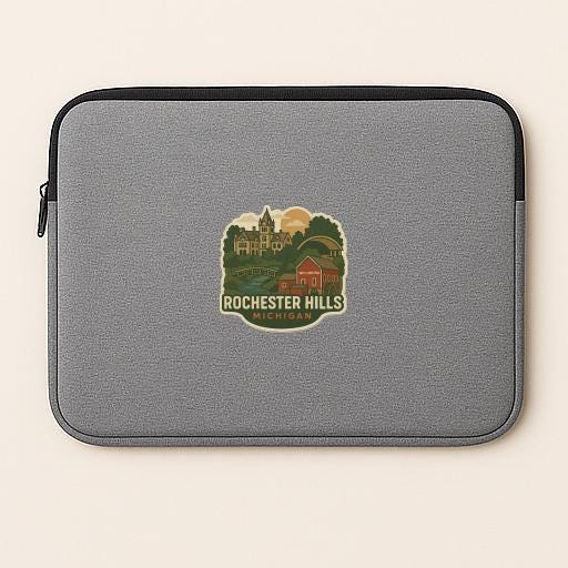 A gray laptop sleeve with a graphic design featuring a scenic view of the Rochester Hills, Michigan region.