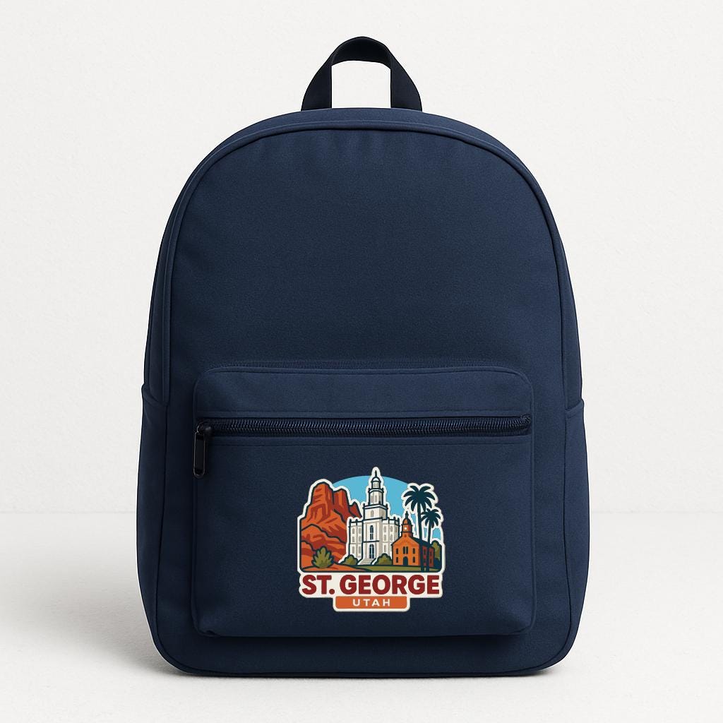 A navy blue backpack with a graphic of St. George, Utah, printed on it.