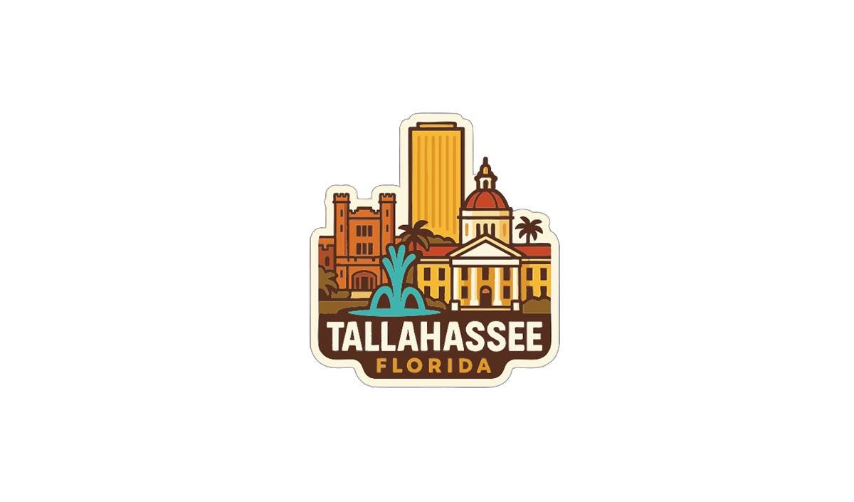 A stylized sticker or emblem featuring the Tallahassee, Florida skyline, with various buildings and landmarks depicted in a colorful, cartoon-like style.