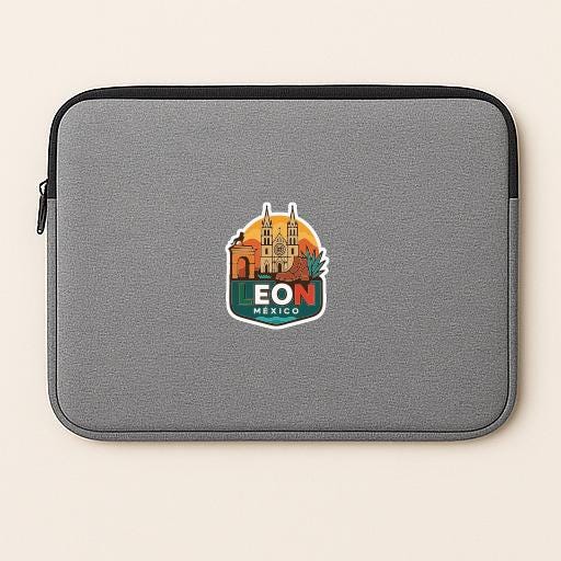 A gray laptop sleeve with a sticker depicting the Eon, a landmark in Mexico.