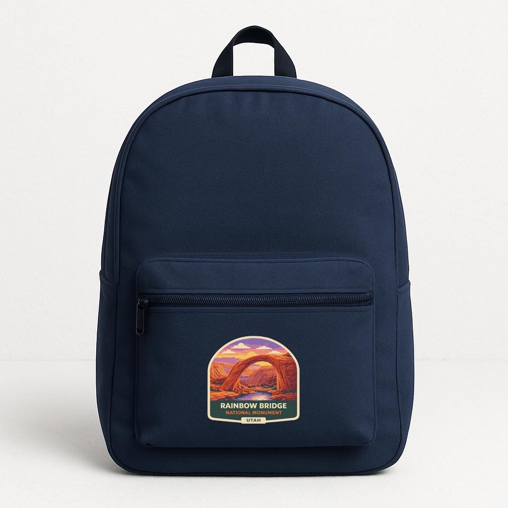 A navy blue backpack with a graphic of the Rainbow Bridge on the front pocket.