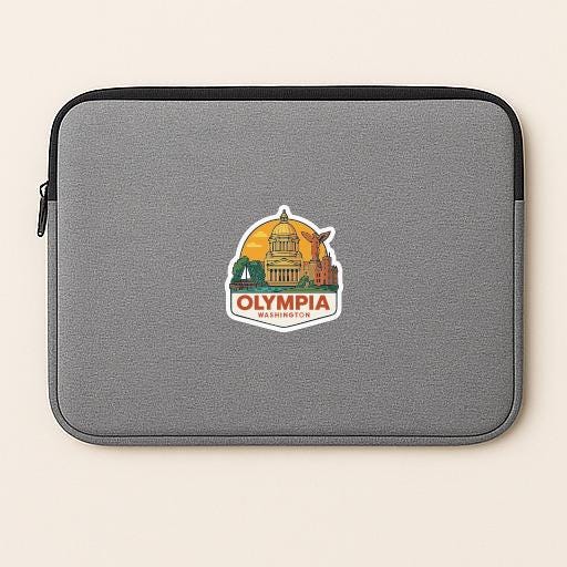 A gray laptop sleeve with a sticker of the city of Olympia, Washington, printed on it.