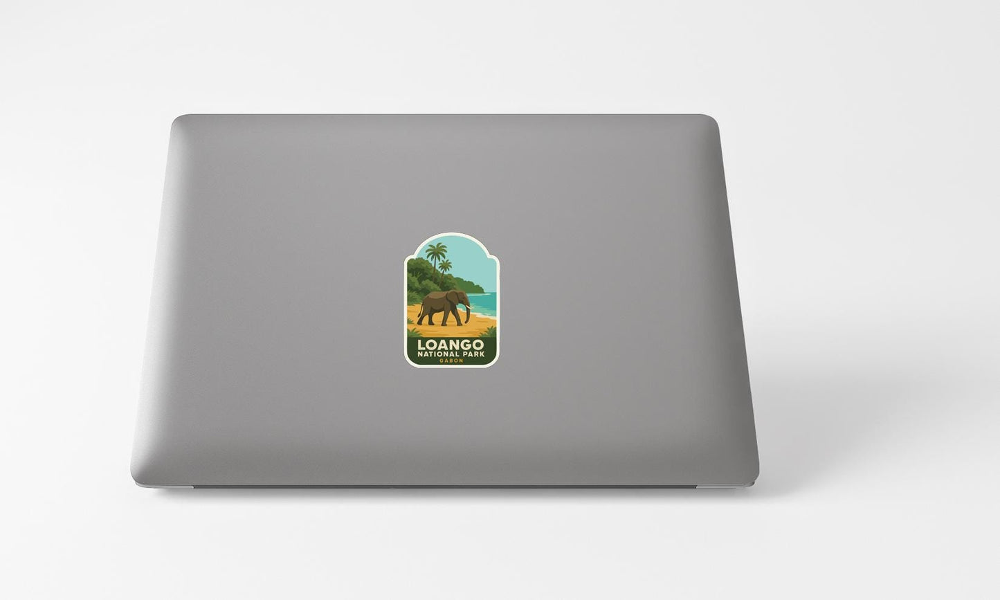 A sticker with an illustration of an elephant and a tropical landscape, along with the text "LOANGO NATIVE PARK".