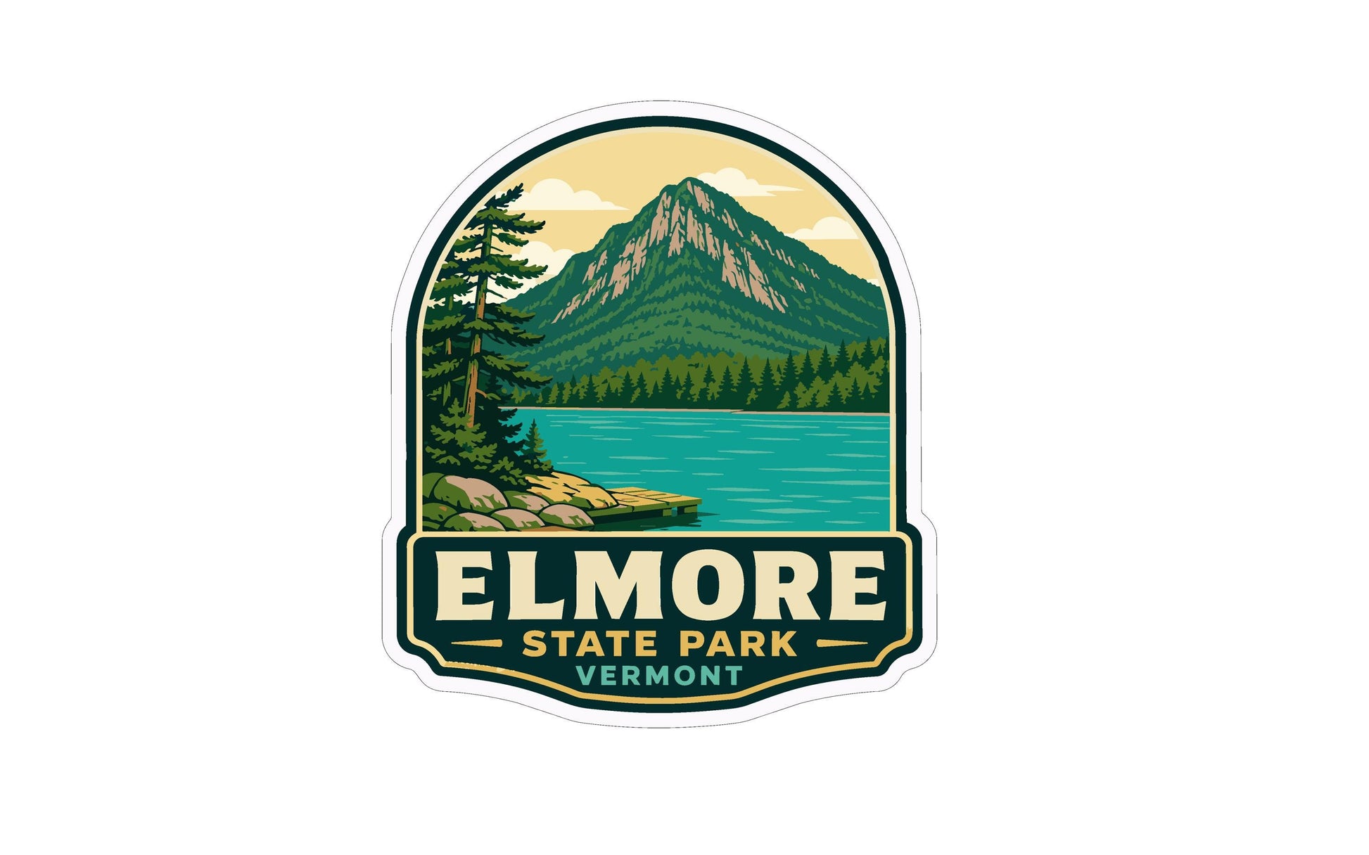 A sticker or emblem featuring a mountain landscape with a lake, surrounded by pine trees and mountains. The text "ELMORE STATE PARK VIRGINIA" is prominently displayed, indicating the location of the scene.