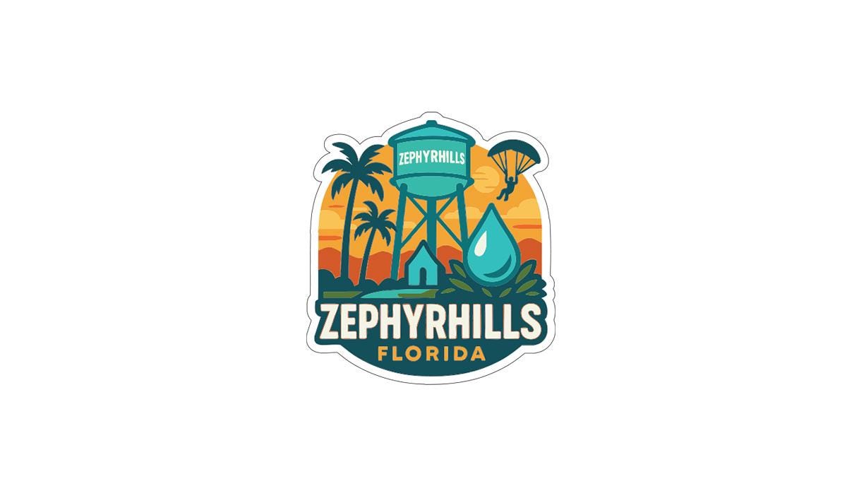 A sticker or logo featuring a water tower, palm trees, and a sunset, with the text "ZEPHYRILLS FLORIDA" prominently displayed.