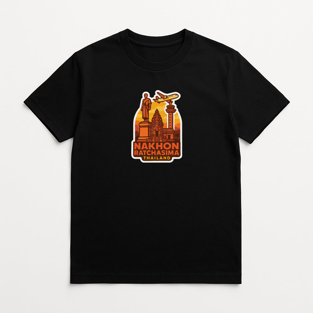 A black t-shirt with a graphic design depicting a city skyline and a statue.