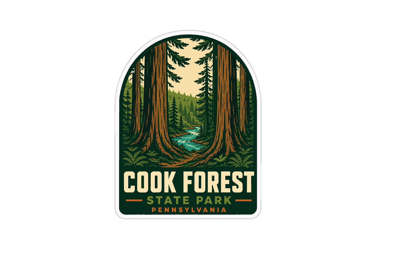 a sticker or label with a forest scene and a river, depicting a natural landscape.