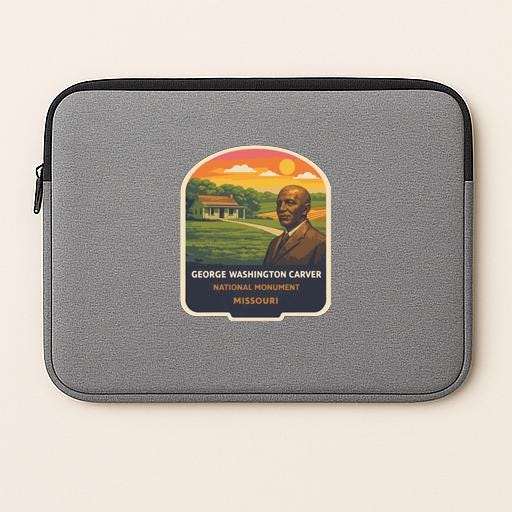 a gray laptop sleeve with a graphic design depicting a portrait of George Washington Carver, the first African American to receive the Medal of Honor, and the National Monument in Missouri.