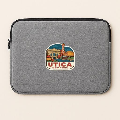 A gray laptop sleeve with a colorful graphic of a cityscape and the text "UTICA NEW YORK" printed on it.