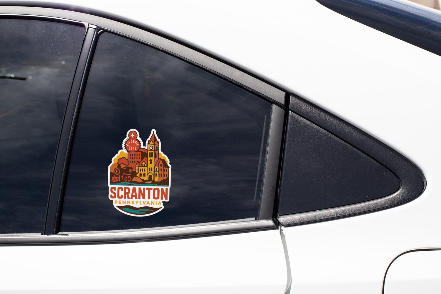 A sticker on the side of a car window, displaying the city of Scranton, Pennsylvania.
