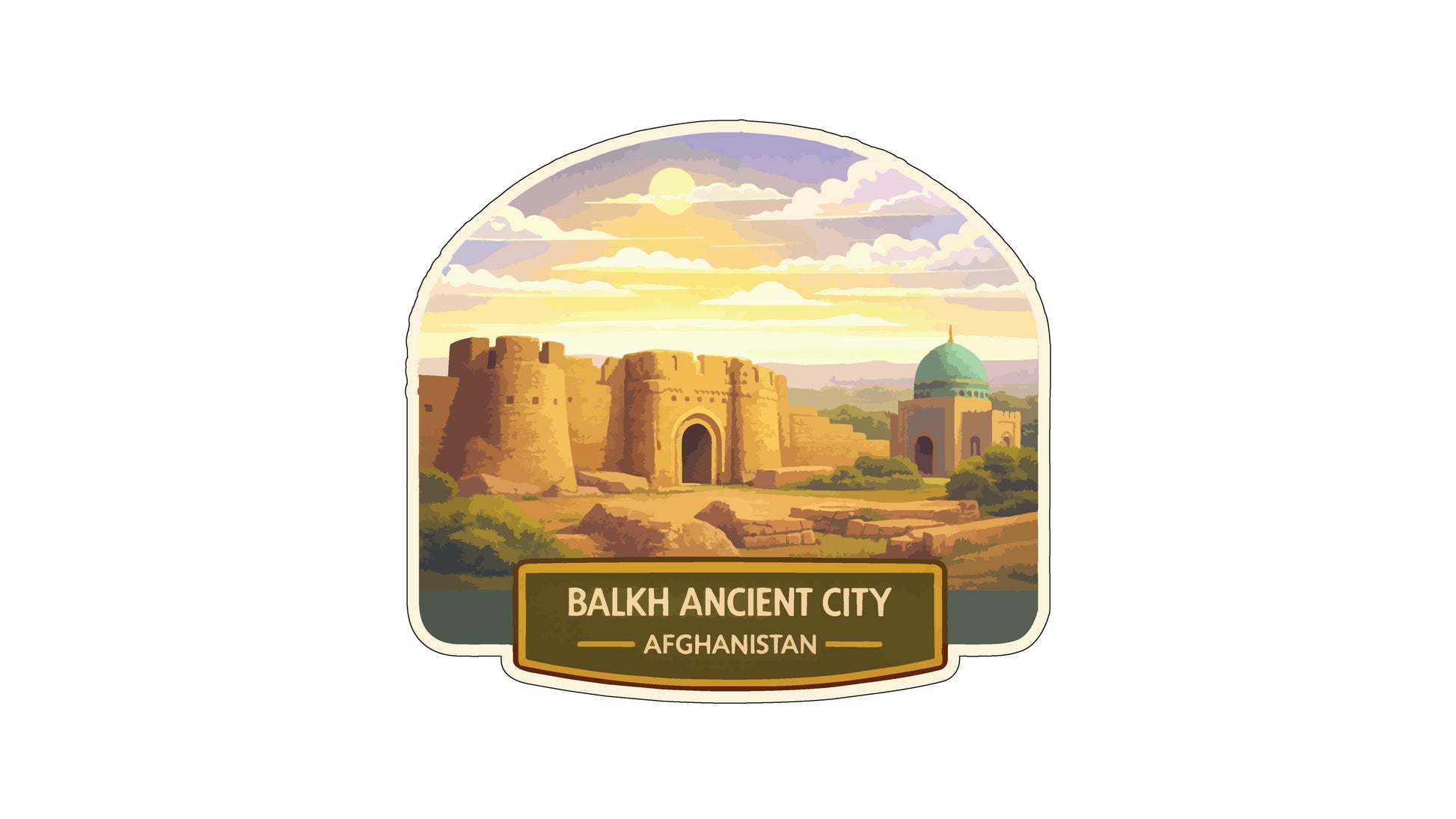 a cityscape with a castle, a dome, and a mosque, all set against a backdrop of a sunset sky.