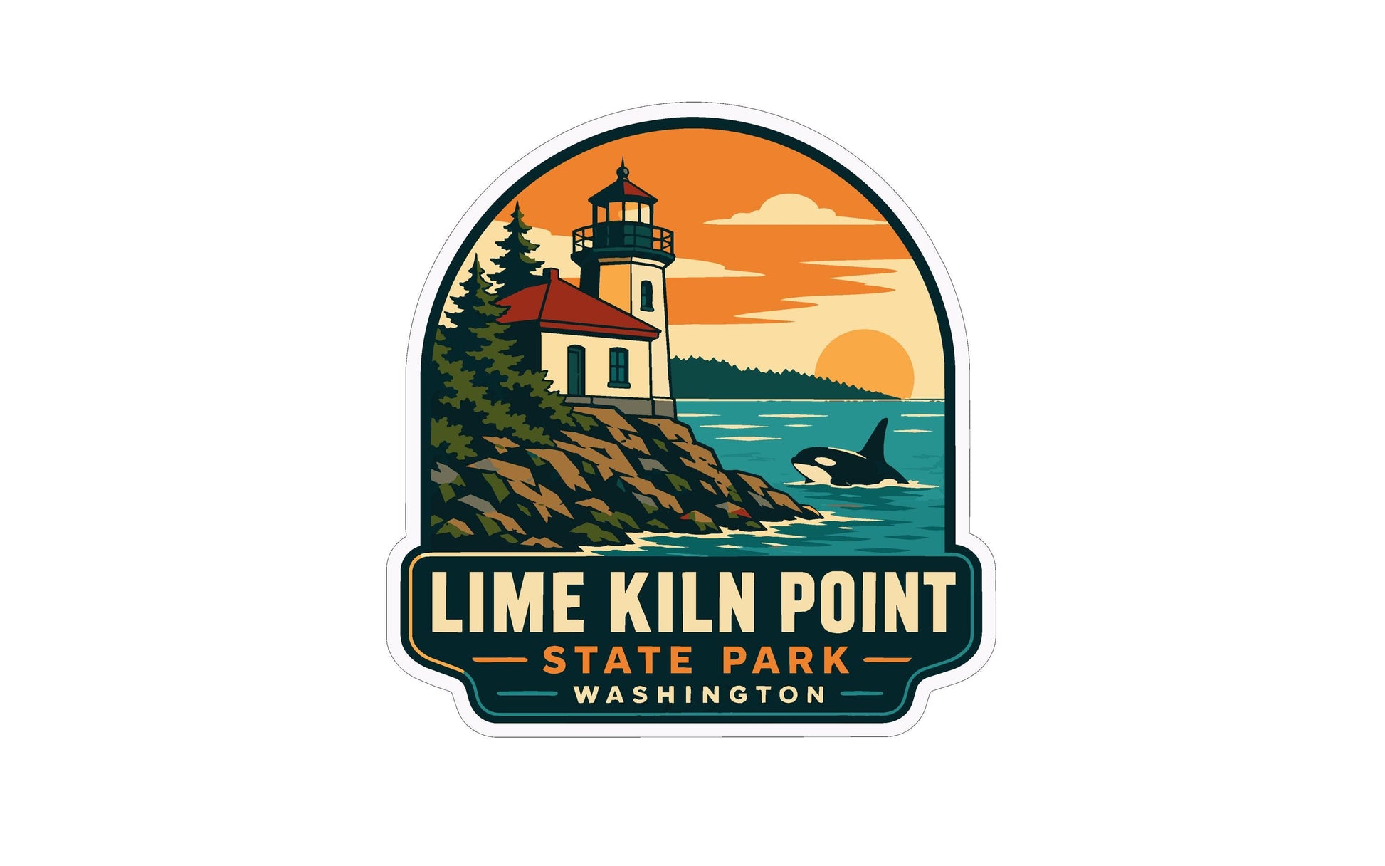 a lighthouse and a whale in the ocean, with the text "Lime Kiln Point State Park Washington" below the illustration.