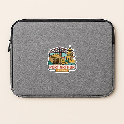 A gray laptop sleeve with a colorful graphic of a cityscape and the text "PORT ARTHUR TEXAS" printed on it.