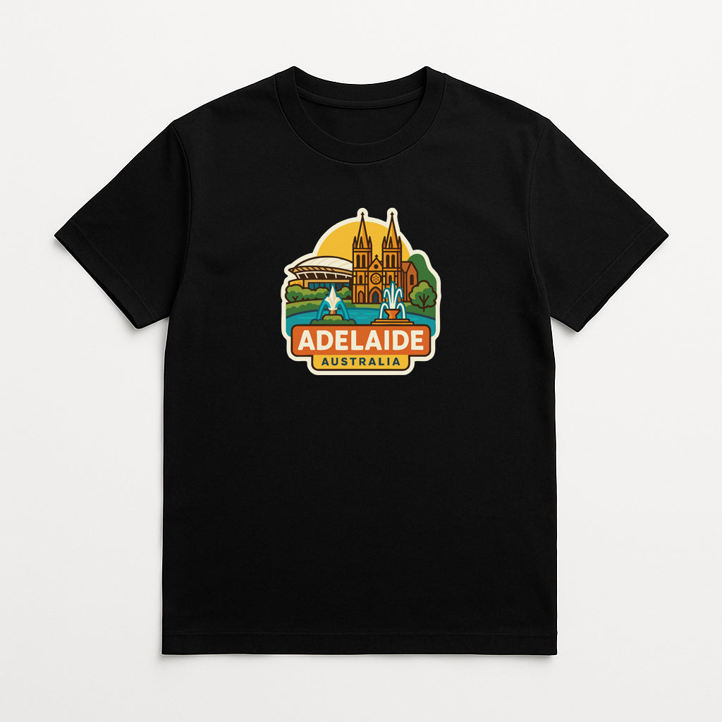 A black t-shirt with a graphic design depicting landmarks and buildings associated with Australia, including the Sydney Opera House and the Melbourne Cricket Ground.