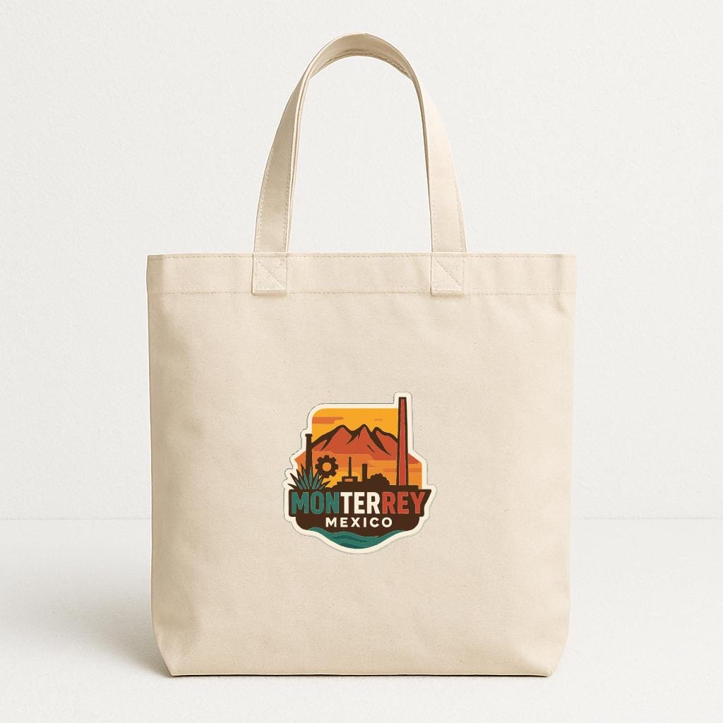 A beige tote bag with a graphic design featuring a mountain range and the text "MORTERREY MEXICO" printed on it.