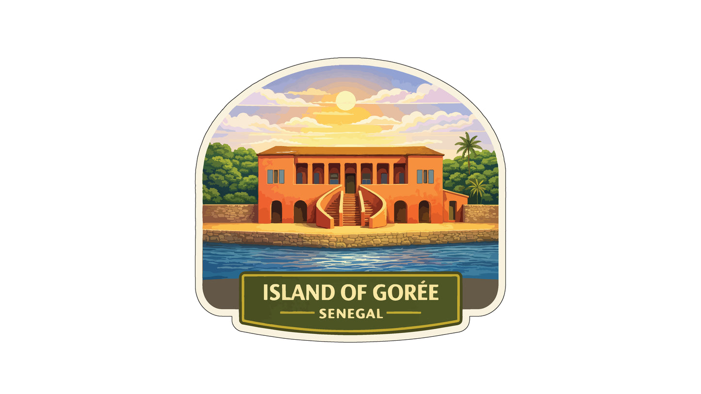 a building with a red roof and columns, surrounded by palm trees and a body of water, with a sunset in the background.