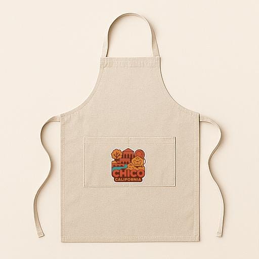 A beige apricot with a graphic design on the front pocket, featuring the text "Chico, CA" and various icons.
