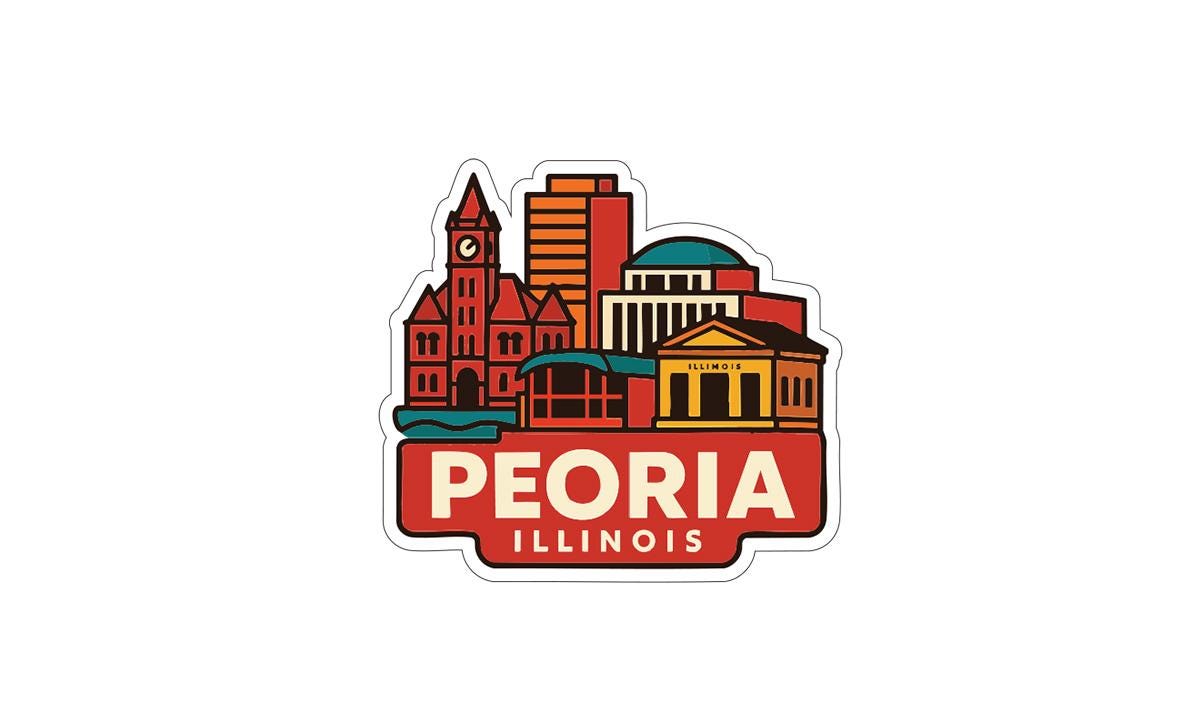 A sticker depicting the skyline of Peoria, Illinois, with various buildings and landmarks.