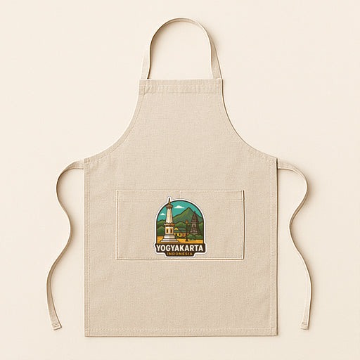 A beige apricot with a graphic design on the front pocket, featuring a temple and mountains.