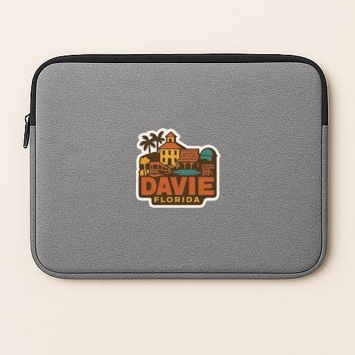 A gray laptop sleeve with a sticker that says "DAVID FLORIDA".