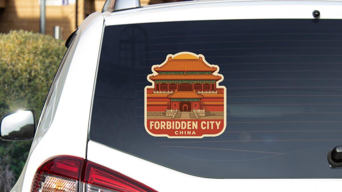 a sticker on the rear window of a car that says "FORBIDDEN CITY CHINA".