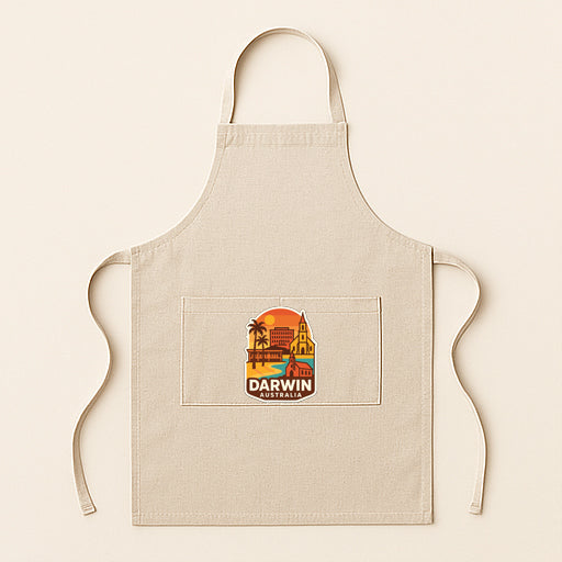 A beige apricot with a graphic of a city skyline and the text "DARWIN, OZ" printed on it.