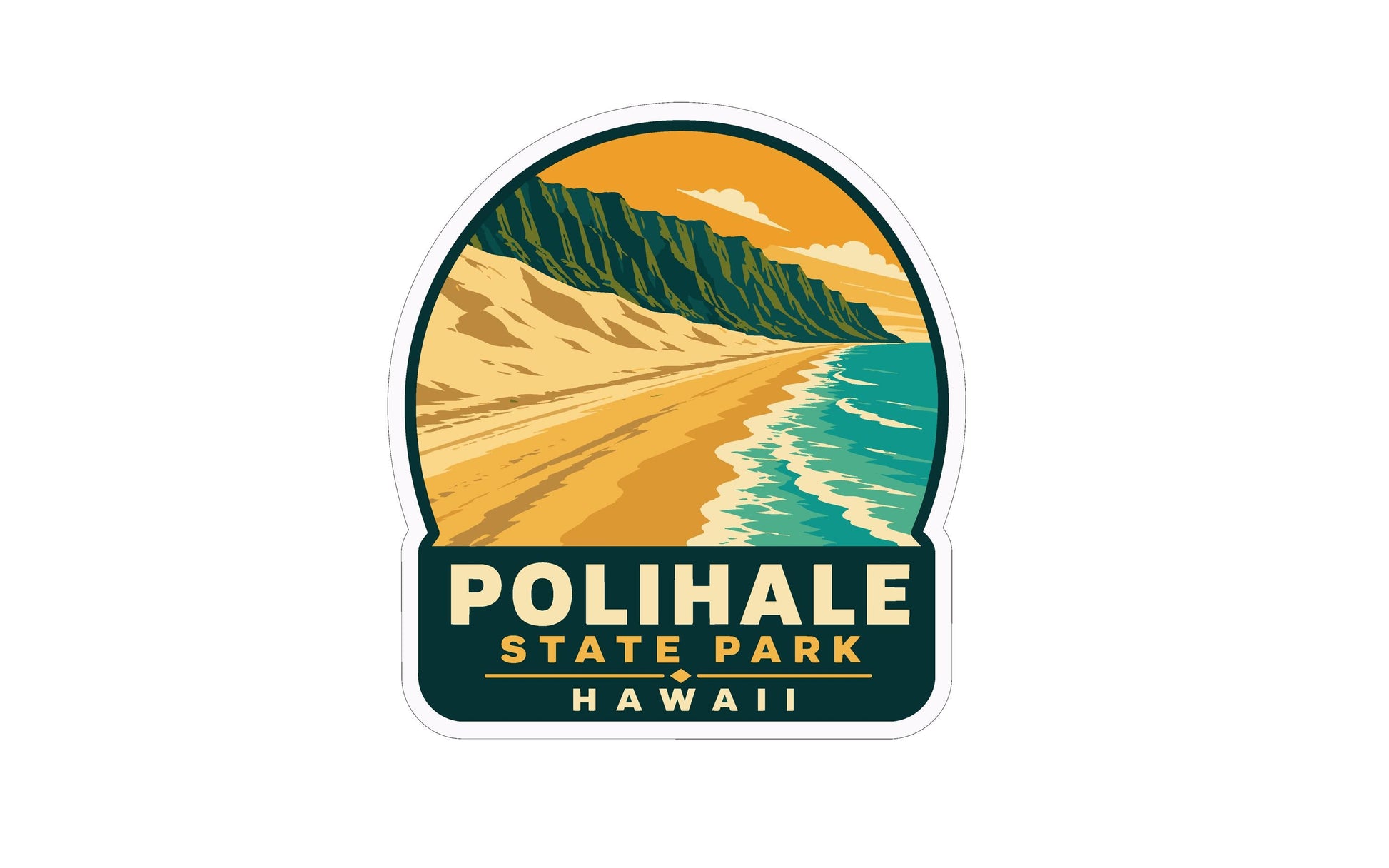 A sticker depicting a scenic view of Polihale State Park in Hawaii, with a beach, mountains, and ocean in the background.