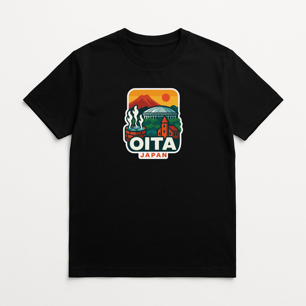 A black t-shirt with a graphic design depicting a scenic view of Oita, Japan.