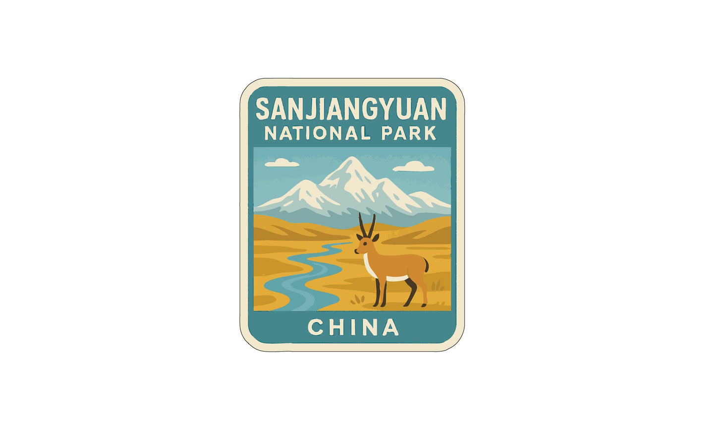 a sticker or label with a mountain landscape and a gazelle, representing the Sanjivian National Park in China.
