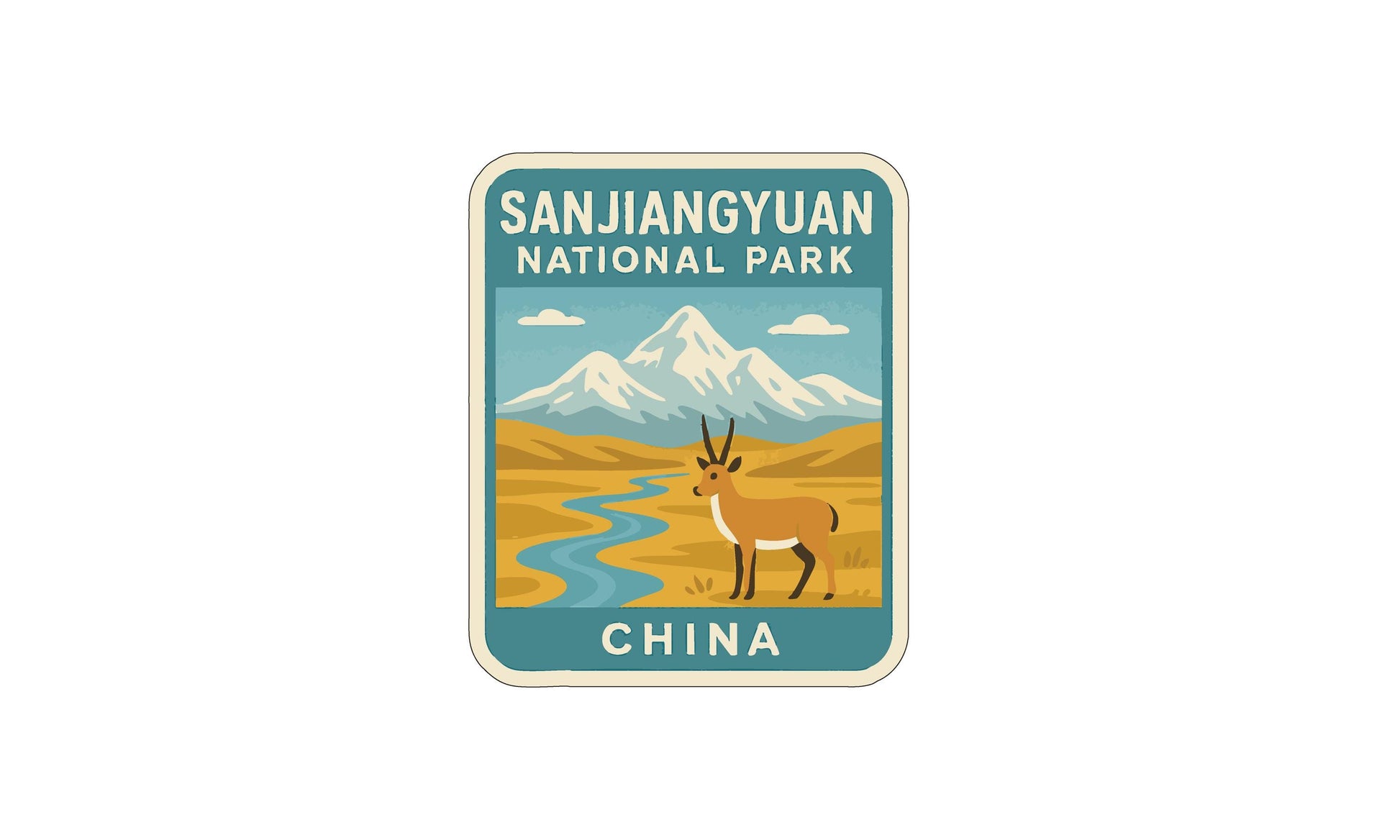 a sticker or label with a mountain landscape and a gazelle, representing the Sanjivian National Park in China.