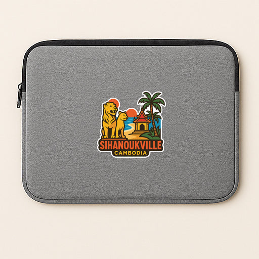 a gray laptop sleeve with a colorful sticker depicting a tropical scene with a lion, palm tree, and a building.