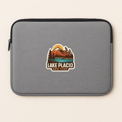 A gray laptop sleeve with a logo for Lake Placid, New York.
