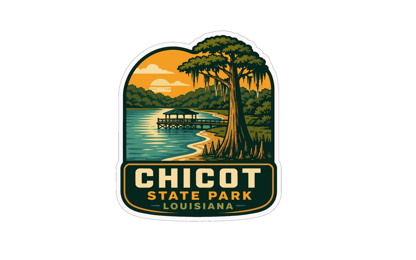 A sticker or emblem featuring a scenic landscape with a lake, a dock, and a tree with hanging roots, along with the text "CHICOT STATE PARK LOUISIANA".