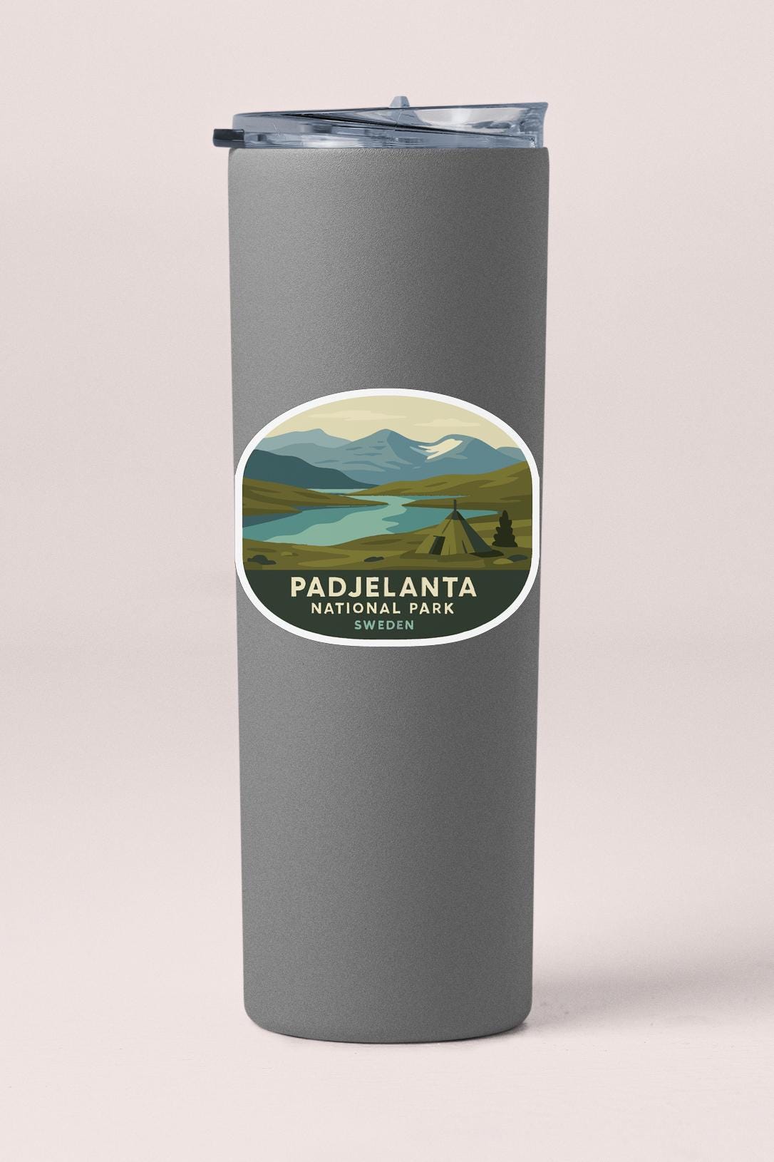 A gray cylindrical container with a lid and a label that says "Padjelanta National Park" and "Sweden" printed on it.