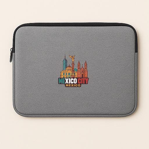 A gray laptop sleeve with a colorful graphic of the city of Mexico City printed on it.