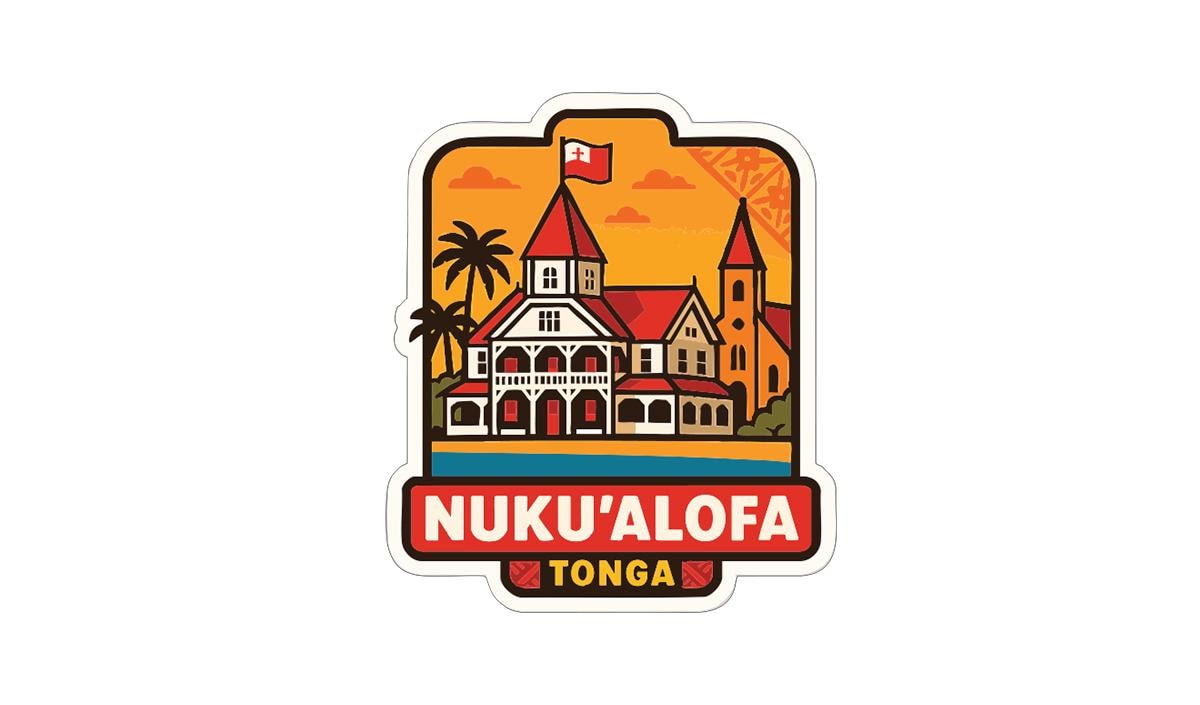 a sticker or logo with a stylized illustration of a building, palm trees, and a flag, along with the text "NUKU ALOFA TONGA".