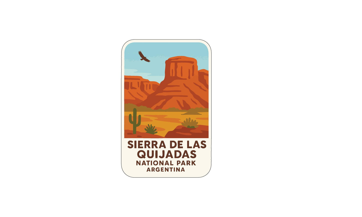 a sticker or label with a desert landscape and mountains, along with the text "SIERRA DE LAS QUIJADAS NATIONAL PARK ARGENTINA".